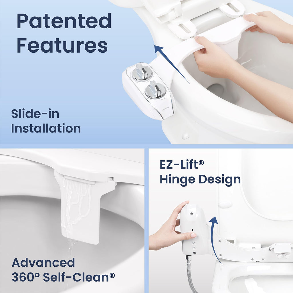 LUXE Bidet NEO 185 Plus - Dual Nozzle, Non-Electric Bidet Attachment for Toilet Seat, Patented Slide-In Install, 360° Self-Clean, EZ-Lift to Clean, Feminine & Rear Wash (Chrome)