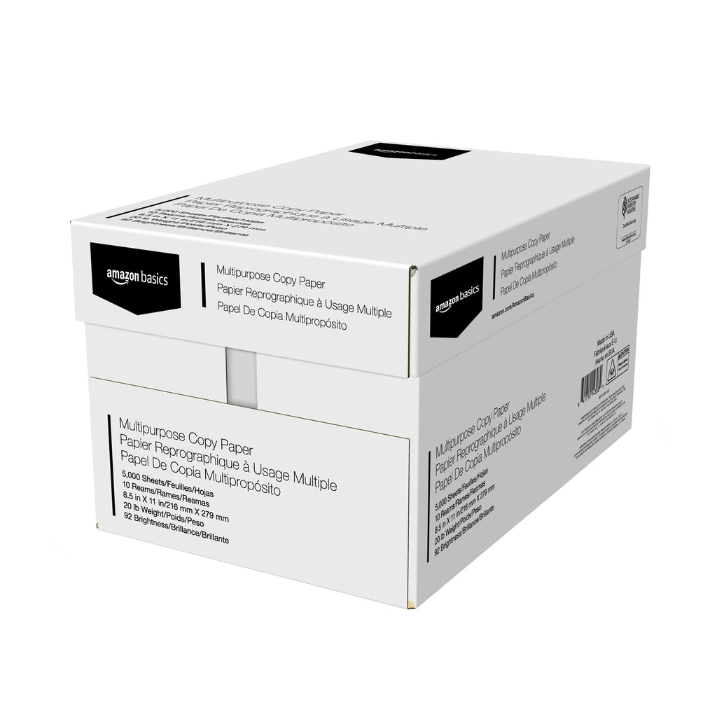 Amazon Basics Multipurpose Good Quality Copy Printer Paper, No Jam, 8.5" x 11", 20 lb, 10 Reams, 5000 Sheets, 92 Bright, White
