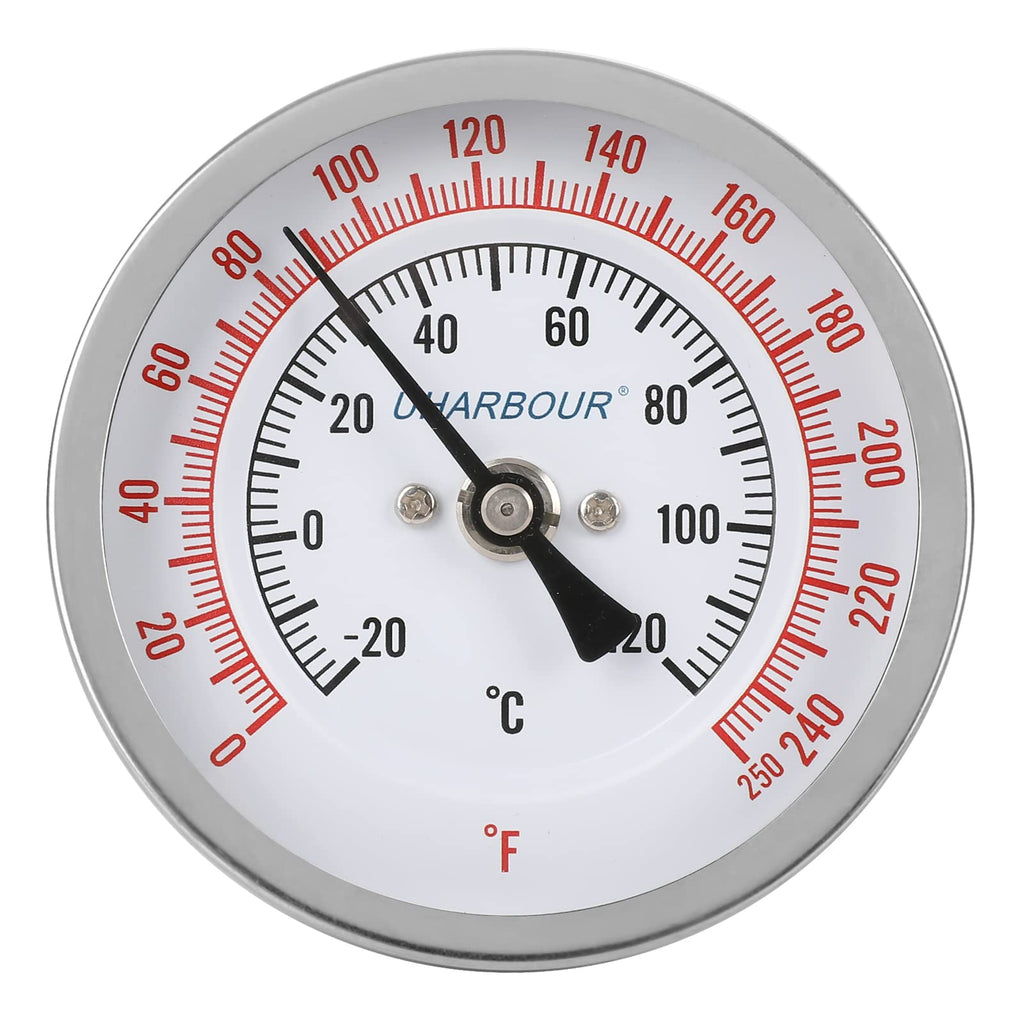Uharbour 3" Dial Fully Stainless Steel Thermometer for Pot, Kettle, Brewing Bimetal,6" Stainless Steel Stem, 0-250 deg F/-20-120 deg C, Accuracy +/-1%, Adjustable, 1/2" NPT Back Mount…