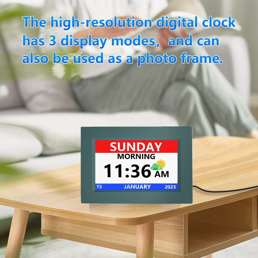 LXBYJKJ 7 Inch Digital Clock with Day and Date for Elderly Alzheimer's Dementia Clock Customizable Alarms and Medicine Reminders 3 Display Modes Large Font Digital Alarm Clock for Seniors Green