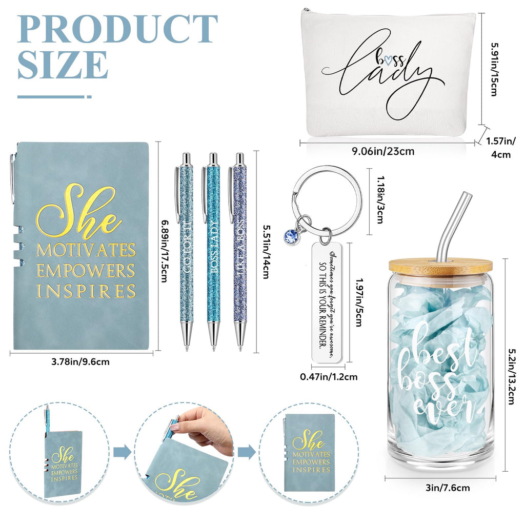 SiliFine 7 Pcs Boss Day Gift Sets Lady Thank You Gifts for Women Best Boss 16oz Glass Cup Makeup Bag Keychain A6 Notepad with 3 Ballpoints Pen Lady Leader Appreciation Day Christmas Favor(Blue)