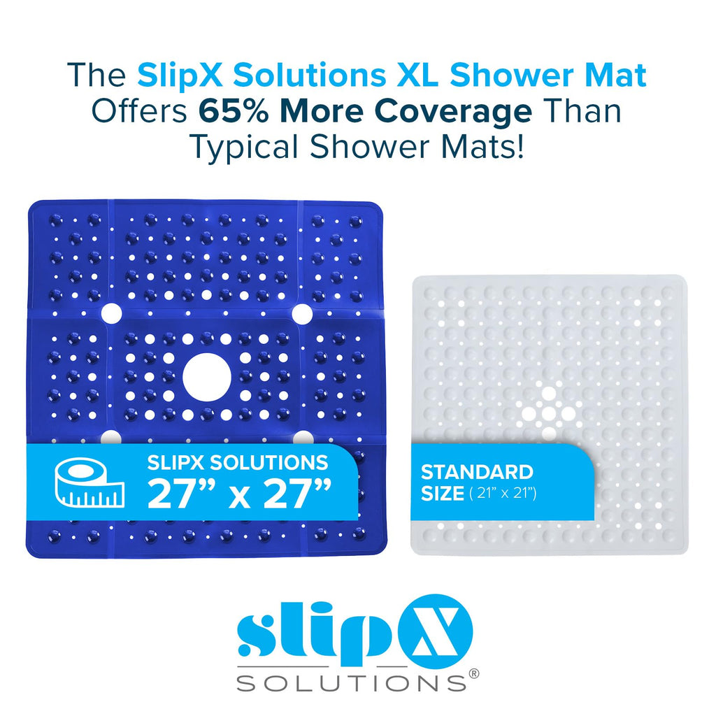 SlipX Solutions Extra Large Square Shower Mat, 27"x27", Non-Slip Stall Mat for Elderly & Kids Standing Bath Tub Mat, Machine Washable, Suction Cups, Solid Navy Blue