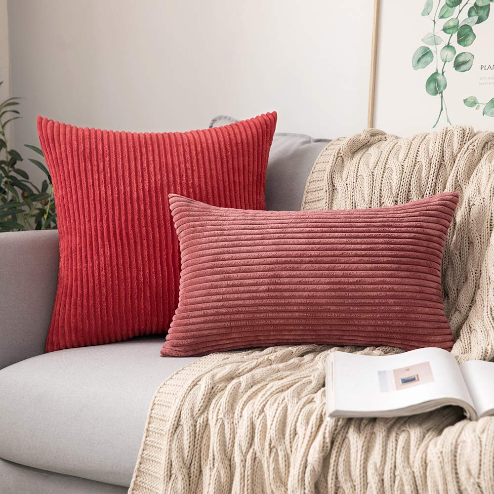 MIULEE Pack of 2 Corduroy Soft Soild Decorative Square Christmas Throw Pillow Covers Set Cushion Cases Pillowcases for Sofa Bedroom Car 18 x 18 Inch 45 x 45 Cm Red