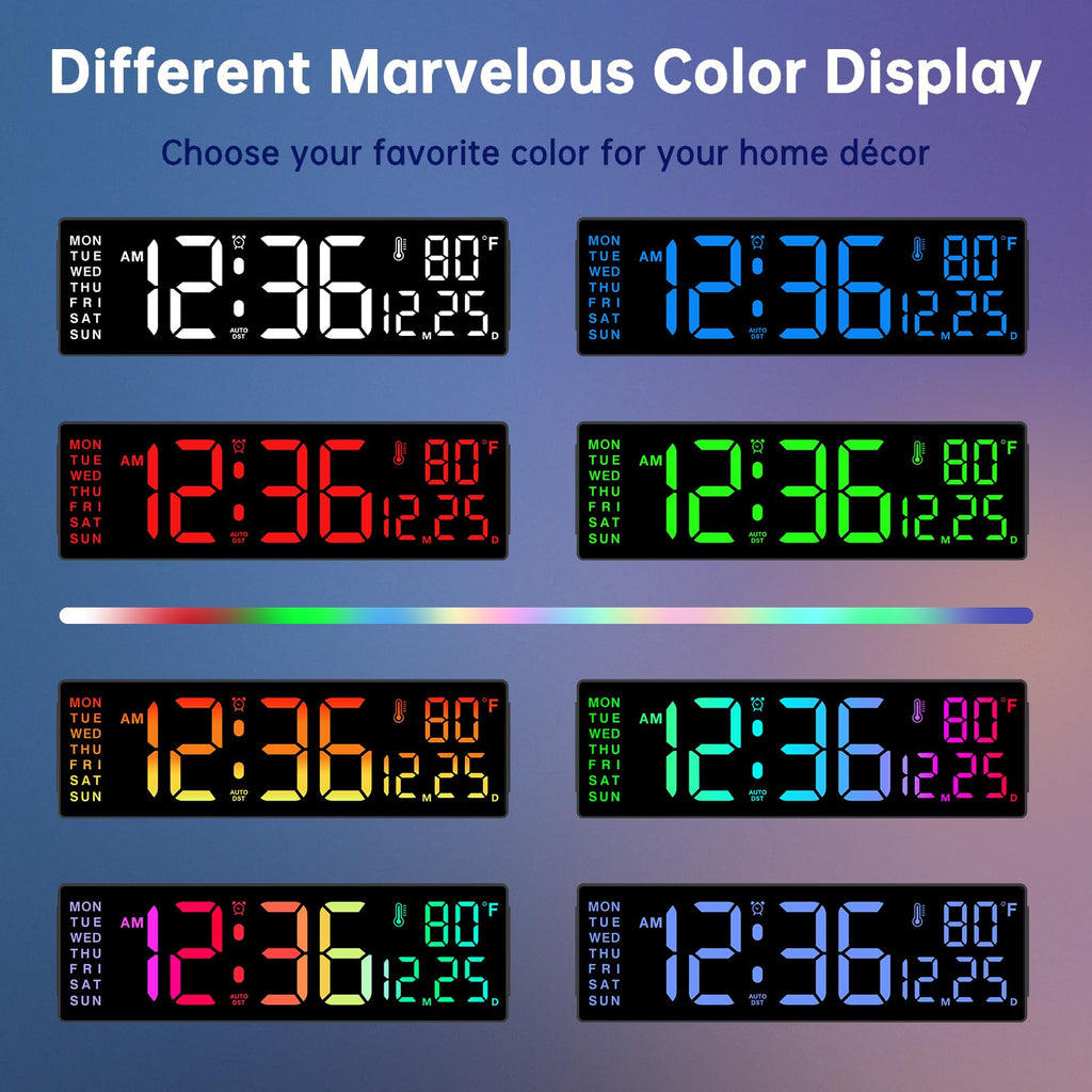Soobest 14" Large Remote Digital Wall Clock with Timer for Living Room Home Gym, Plug in Big LED Electric Color Changing Clock with Date Day of Week Temperature Display for Elderly Seniors, Auto DST