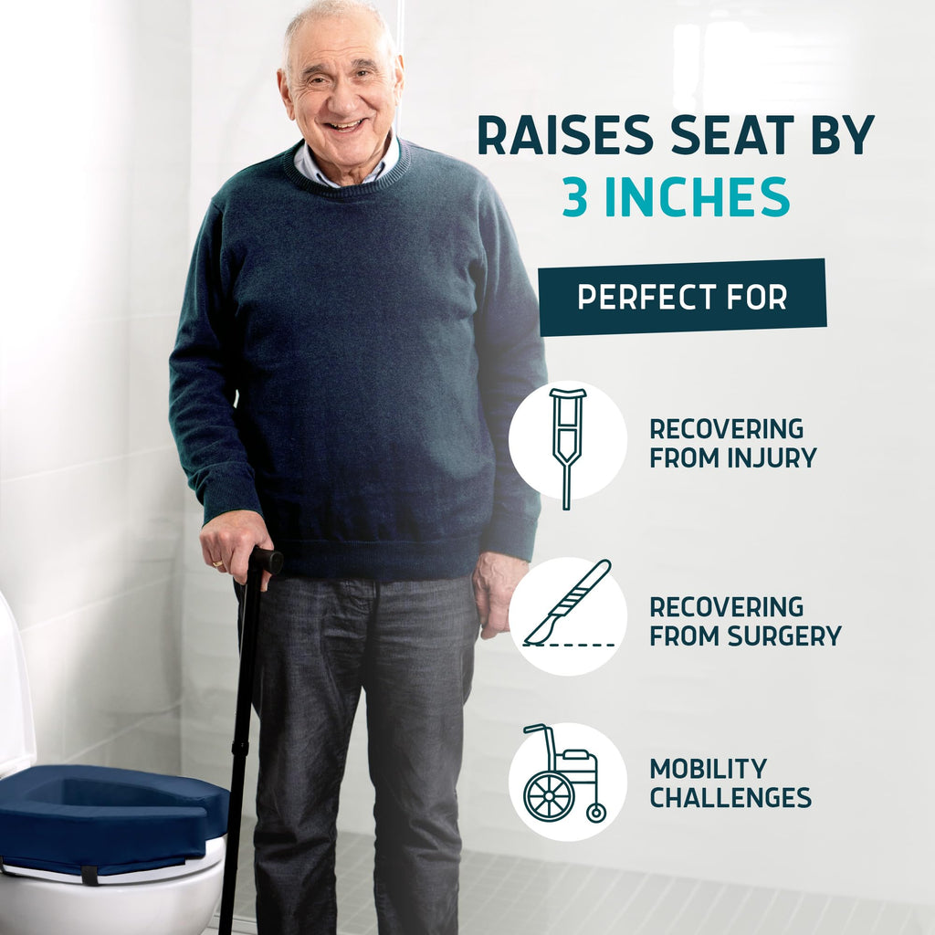 Lunderg Toilet Seat Riser for Seniors - Adds 3 inches. Universal Fit - FIRM Raised Toilet Seat Cushion with High-Density Foam for enhanced Comfort & Elevation. Post-Surgery Must have (Blue)
