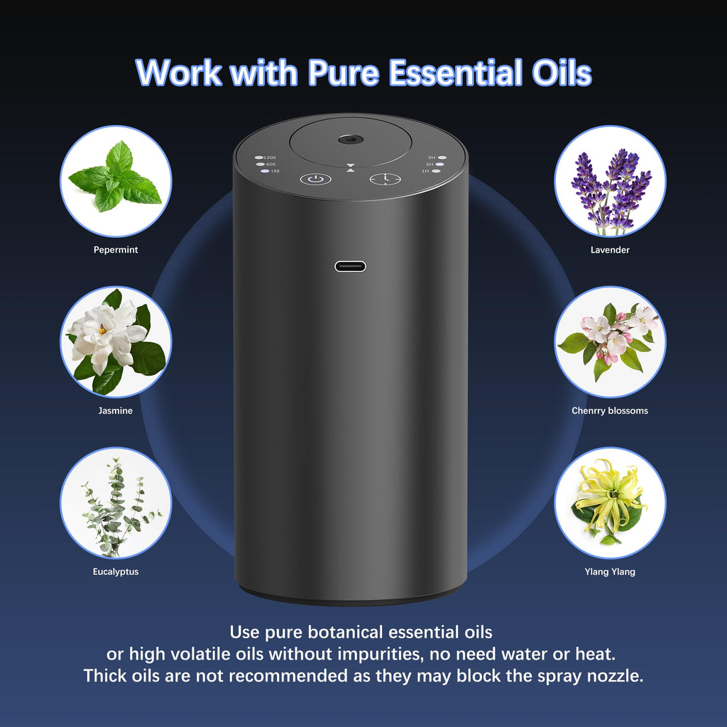 Barthelemy Waterless Car Diffuser, Waterless Diffusers for Essential Oils with Smart Cold Mist & No Leakage Tech, Cordless Aromatherapy Diffuser with Timing & 3 Mist Levels for Car, Room, Office