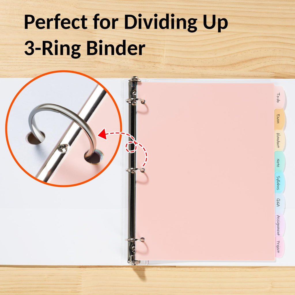 8 Tabs Long-Lasting Plastic Write & Erase Large Tabs Dividers for 3 Ring Binder, Aesthetic Cute Pastels Binder Dividers for Student, Teacher, Office, Home Organizers, 1 Set, Pastels Color