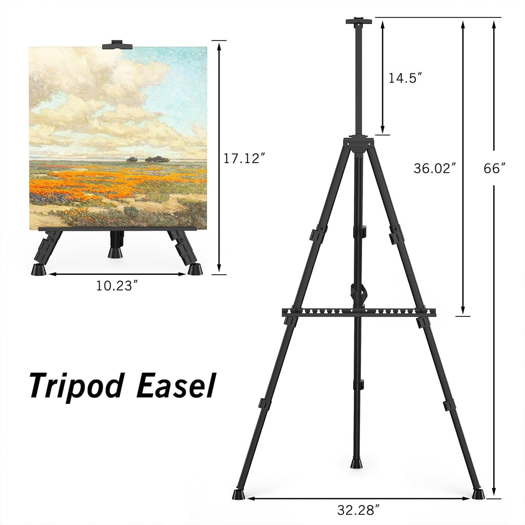 Art Painting Tripod Easel Stand - Portable Adjustable Display Artist Metal Easel with 1 Bag for Tabletop/Floor Painting, Height from 17 to 66 inches, Sturdy for Drawing, Displaying - Black