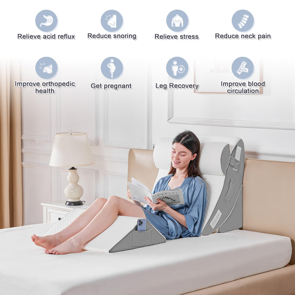 Yojoker 4PCS Orthopedic Bed Wedge Pillow Set for Sleeping, Post Surgery Foam Pillow for Body, Back and Leg Pain Relief, Triangle Adjustable Support Pillow - Acid Reflux Sleeping Pillows