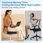 CushZone Donut Pillow Seat Cushion - Memory Foam Cooling Gel Lifting Cushion for Office & Home Chair, Car Seat, Wheelchair, Hemorrhoids Pillow, Sciatica & Tailbone Pain Relief Chair Cushion, Blue