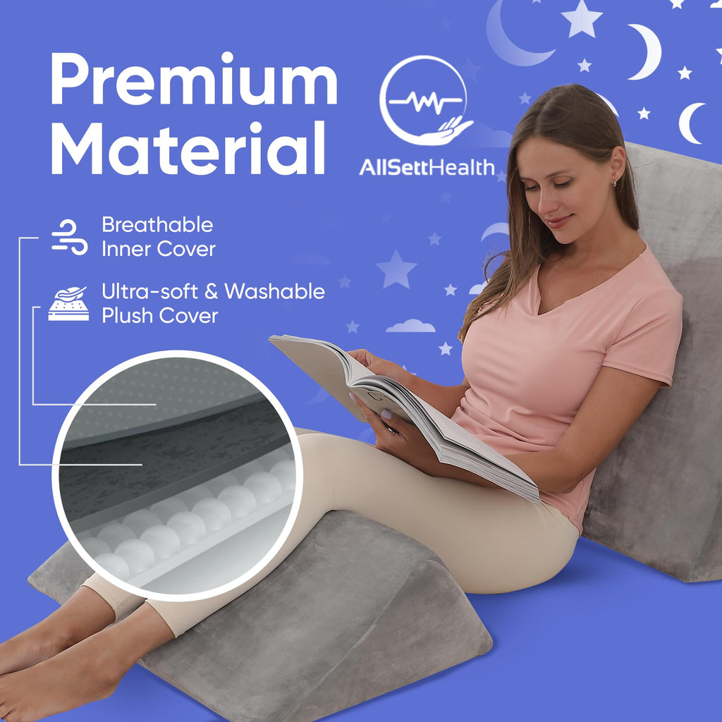 AllSett Health Bed Wedge Pillow – 2 Separate Memory Foam Incline Cushions, System for Legs, Knees and Back Support Pillow - Grey