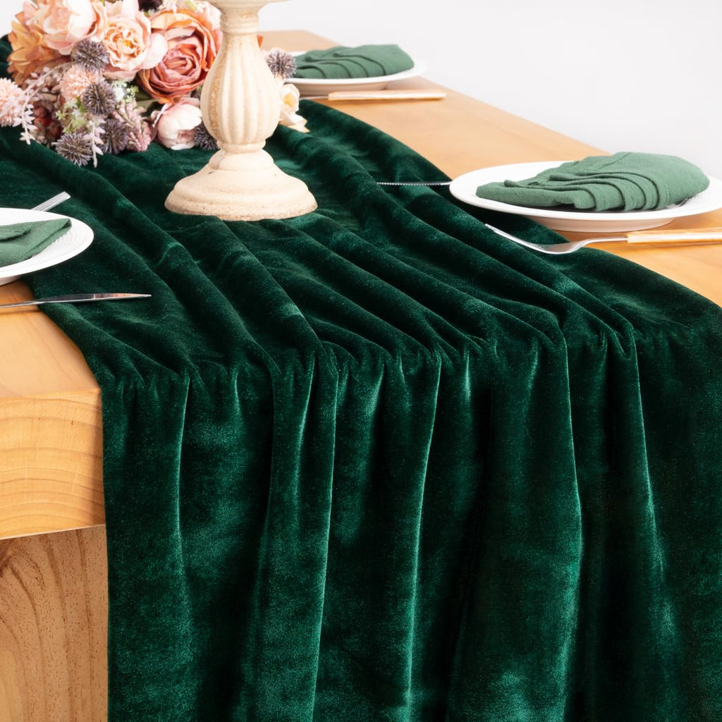 Socomi 4pcs Emerald Green Velvet Table Runner 20 x 120 Inches 10ft Luxurious Thick Cotton Christmas Thanksgiving Wedding Runner for New Year Bridal Shower