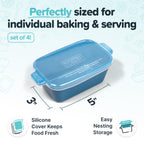 Souper Cubes Stoneware - Small Ceramic 5" x 3" Baking Dish with Silicone Covers, Small Baking Dishes for Oven Perfect for Reheating Single Serve Portions, Set of 4 - Blueberry