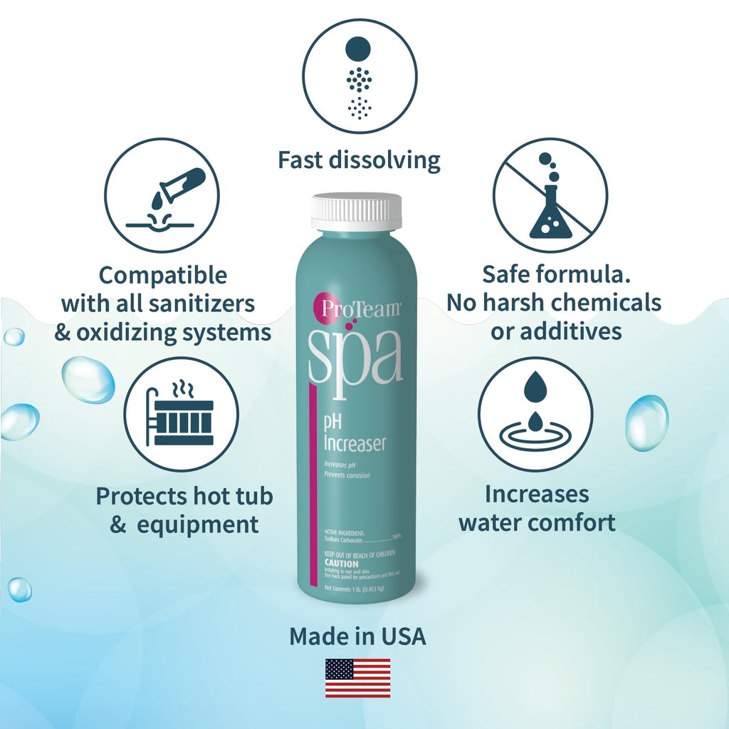 ProTeam Spa pH Increaser for Hot Tub - pH Up Hot Tub pH Increaser - with SplashWiz Hot Tub Chemicals Care Guide e-Book - Made in USA (1 lb)