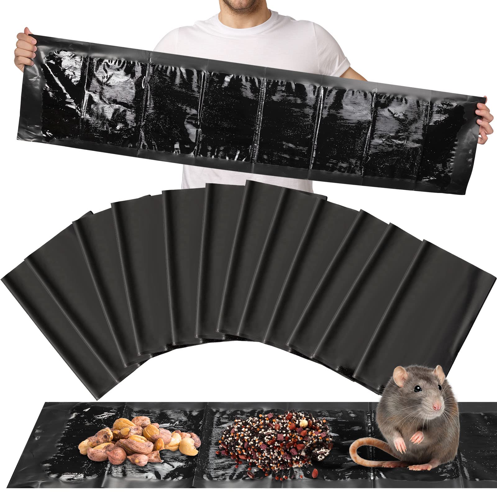 Qualirey Sticky 47 Inch Ultra Large Mouse Trap Mouse Glue Traps Sticky Rat Trap That Work for Trapping Rats Roaches Rodents Heavy Duty Pre Baited Mats Indoor Outdoor Catch Pest Trap (Black, 12 Pcs)