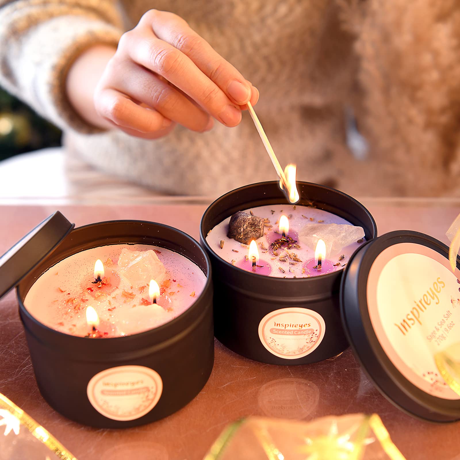 Inspireyes Scented Candle Set with Crystal, 19 oz 3 Wick Candle, Manifestation Candle with Large Energy Stones, Large Tin of Soy Aromatherapy Meditation Candles, Spiritual Gifts for Women