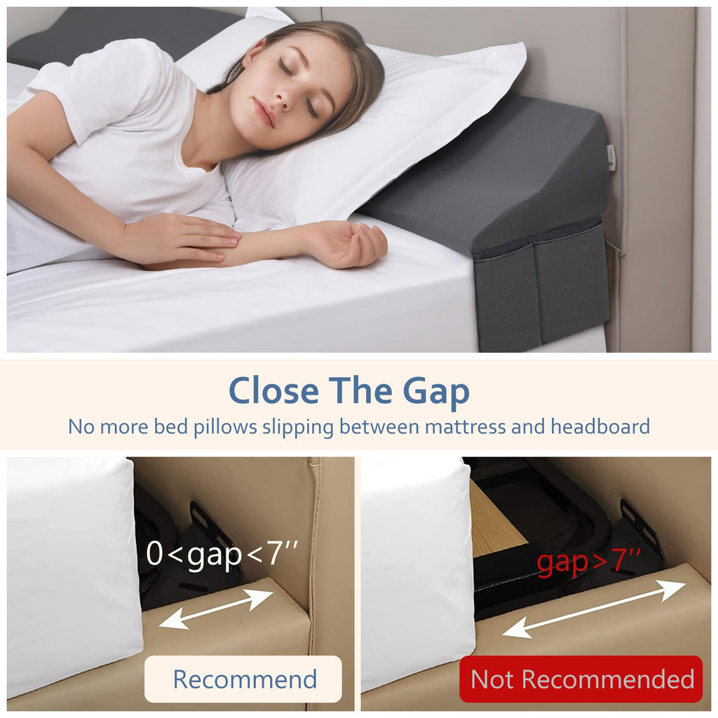 Vekkia King Bed Wedge Pillow for Headboard Gap Filler(0-7"),High-Density Foam,Prevents Pillows & Items from Falling,Ergonomic Design,Large Storage Pockets, Removable&Washable Cover,Gray,76''x7''x11''