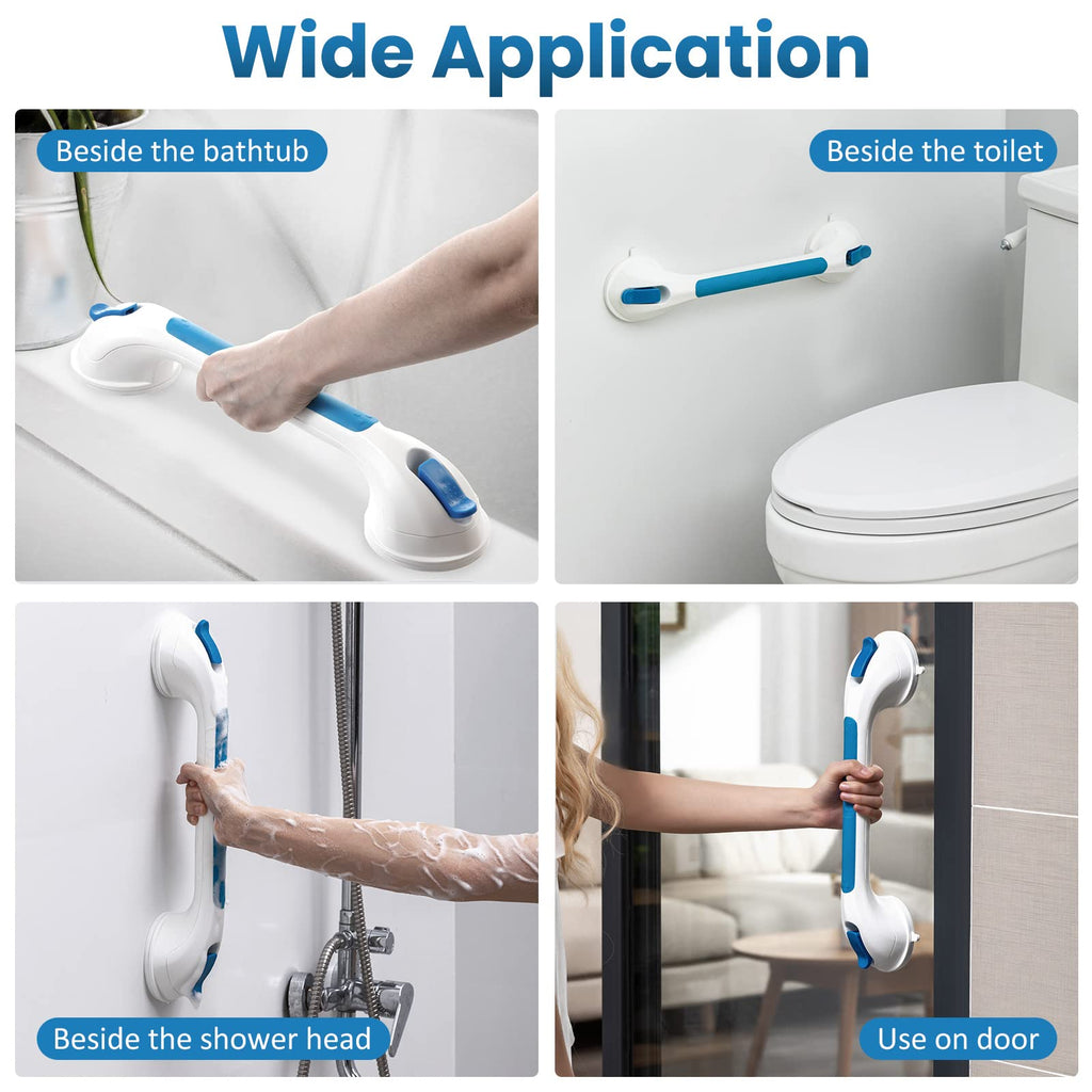 LEVERLOC Shower Grab Bars for Seniors, 16 Inch 2 Pack Suction Grab Bars for Bathtubs and Showers, Shower Handles for Elderly Suction Bathroom Safety Grip,Removable Drill Free Waterproof, Blue