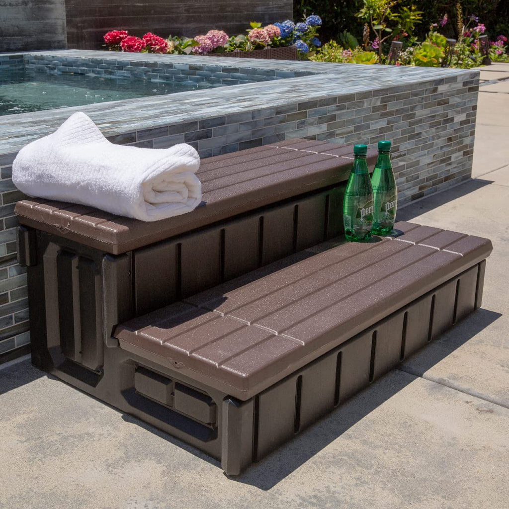 XtremepowerUS Universal 2 Slip-Resistant Spa & Hot Tub Step Outdoor Indoor Stool Pool Ladder Compartment Spa Step 36" Inches Long with Storage, Brown/Black