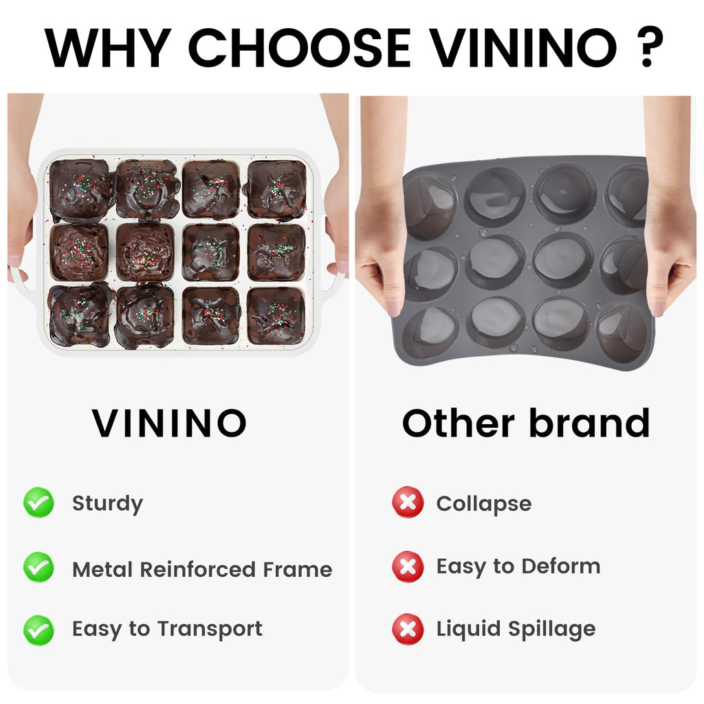 Vinino Silicone Brownie Pan With Dividers, 2 Pack Mini Loaf Pan for Baking Individual, Nonstick 12 Cups Square Muffin Cupcake Pans with Metal Reinforced Frame-Cream