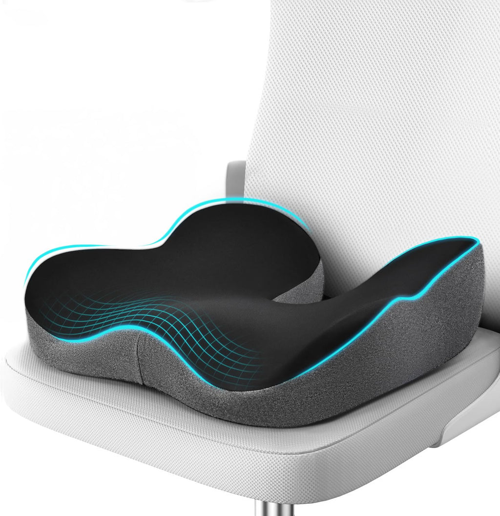 Deep U Tailbone Pain Relief Seat Cushion for Long Sitting on Office Chair, Wheelchair, Car Seat, Home Seat - Slope Curve Hemorrhoids Pillow for Hip, Tailbone, Coccyx, Sciatica Pain-Black/Gray
