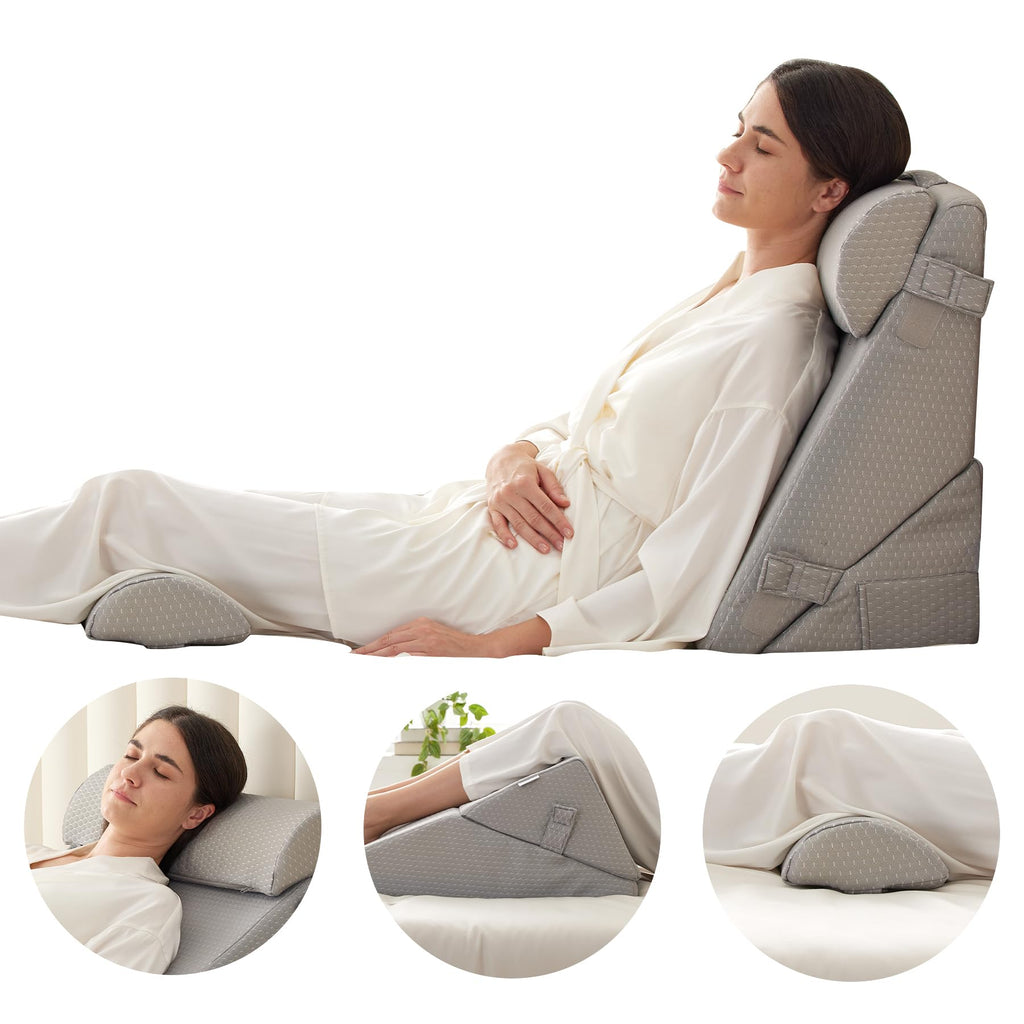 Bedluxe Adjustable 4pcs Bed Wedge Pillow Set, Memory Foam Wedge Pillow Post Surgery for Back, Neck, Leg Pain Relief, Pillow Wedge for Sleeping, Sitting up in Bed, Acid Reflux and GERD, Grey
