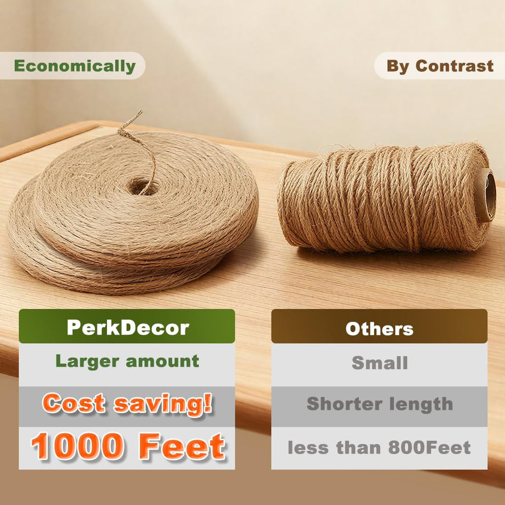 1000FT Natural Jute Twine String Bulk Hemp Rope Cord for Crafts Gardening Gift Wrapping Wedding Décor Packing Material Burlap Ribbon Christmas Knitting Macrame Decoration (Brown 2mm* 1000ft)