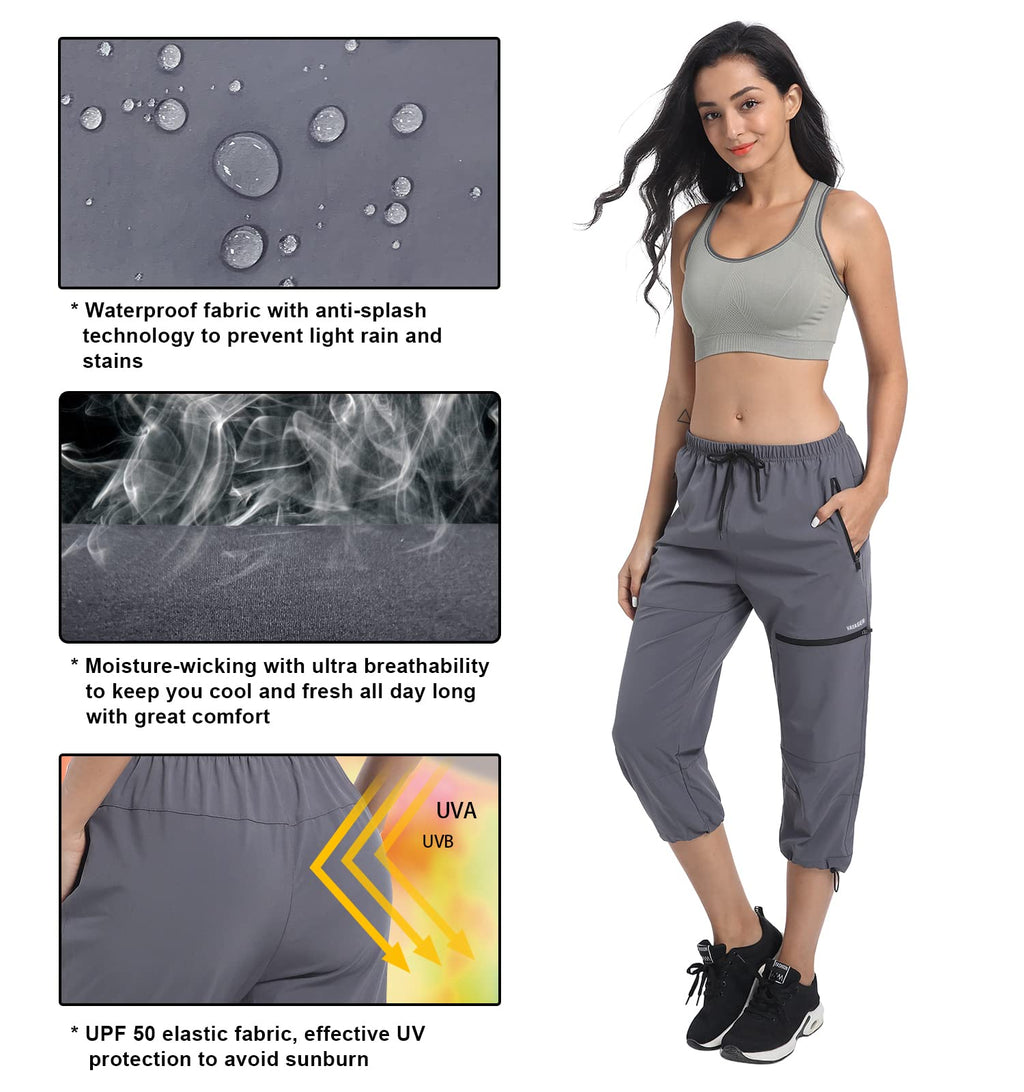 Sports Women's Outdoor Hiking Capri Pants Loose-Fit Lightweight with Zipper Pockets Grey