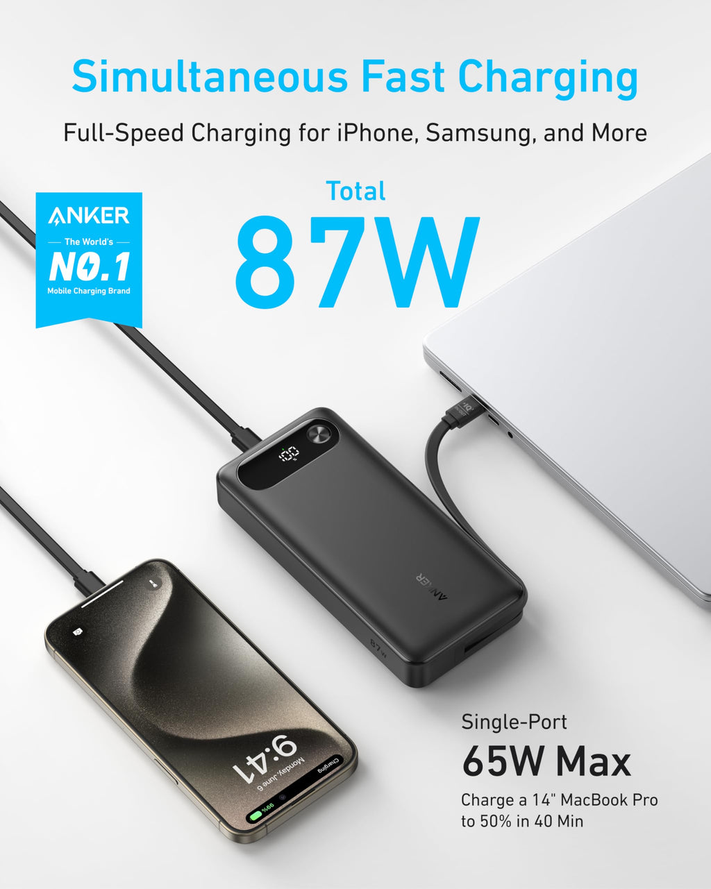 Anker Power Bank, 20,000mAh Portable Charger with Built-in USB-C Cable, 87W Max Fast Charging Battery Pack for Laptop, 2 USB-C and 1 USB-A, for MacBook, iPhone 16/15 Series, Samsung, Switch, and More