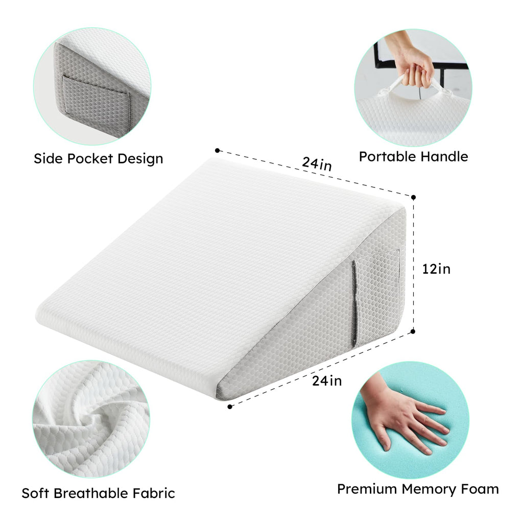 Bedluxe Wedge Pillow for Sleeping, 12 inch Bed Wedge Pillow, Elevated Body Pillow for Back Support, Acid Reflux, Leg, Neck Pain, Snoring, Triangle Pillow Wedge - Cooling Memory Foam Top, White/Grey