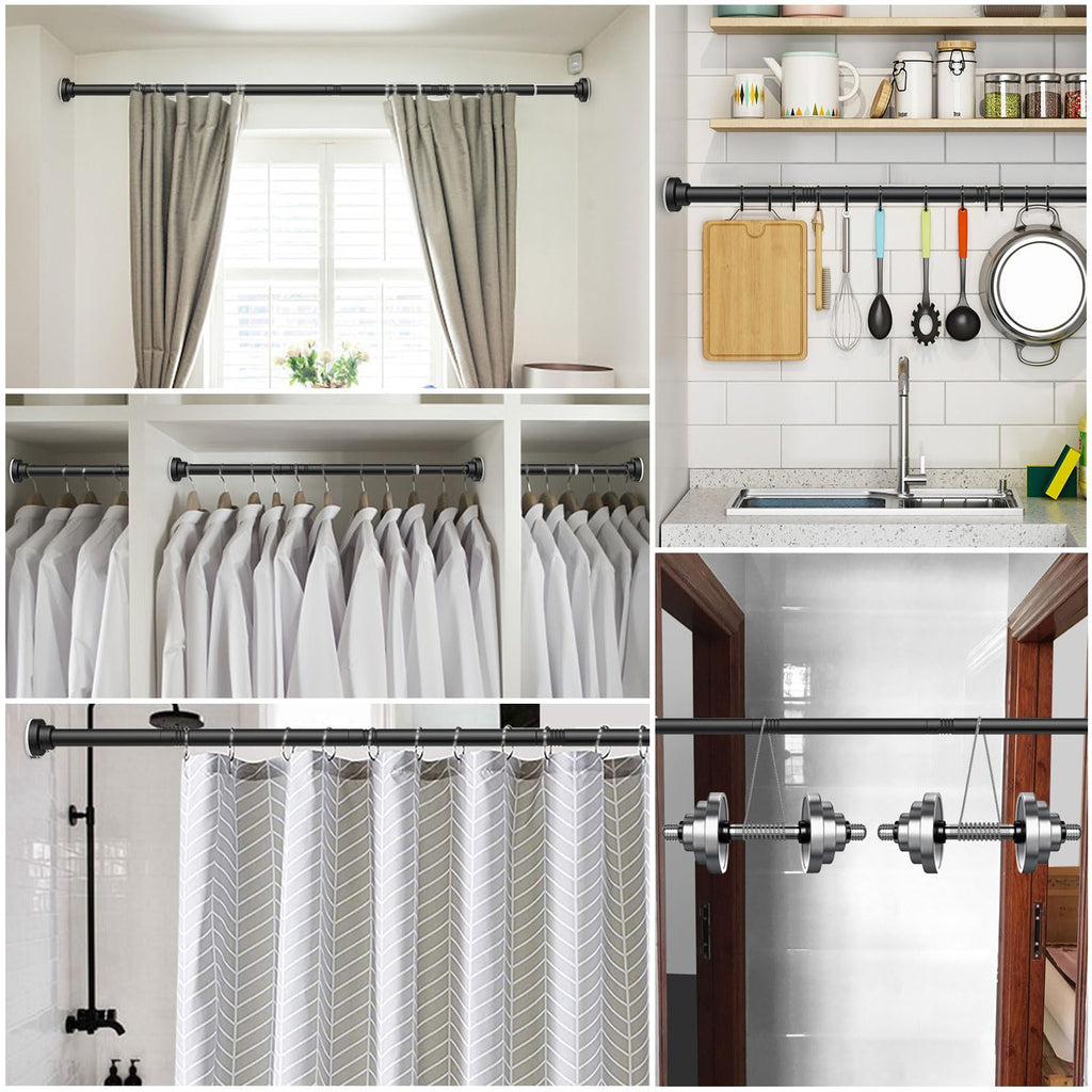 Ausemku Shower Curtain Rod Tension - 26-76 Inch Never Rust Non-Slip Spring Tension Curtain Rod No Drilling Stainless Steel Curtain Rod Use Bathroom Kitchen（Black）