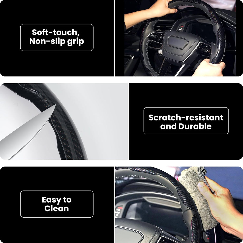 Hiseanllo Carbon Fiber Steering Wheel Cover 3PCS Set – Anti-Slip, Scratch-Resistant, Universal Fit for 14–16 Inch Wheels – Interior Car Accessories for Cars, SUVs, Trucks (Black)