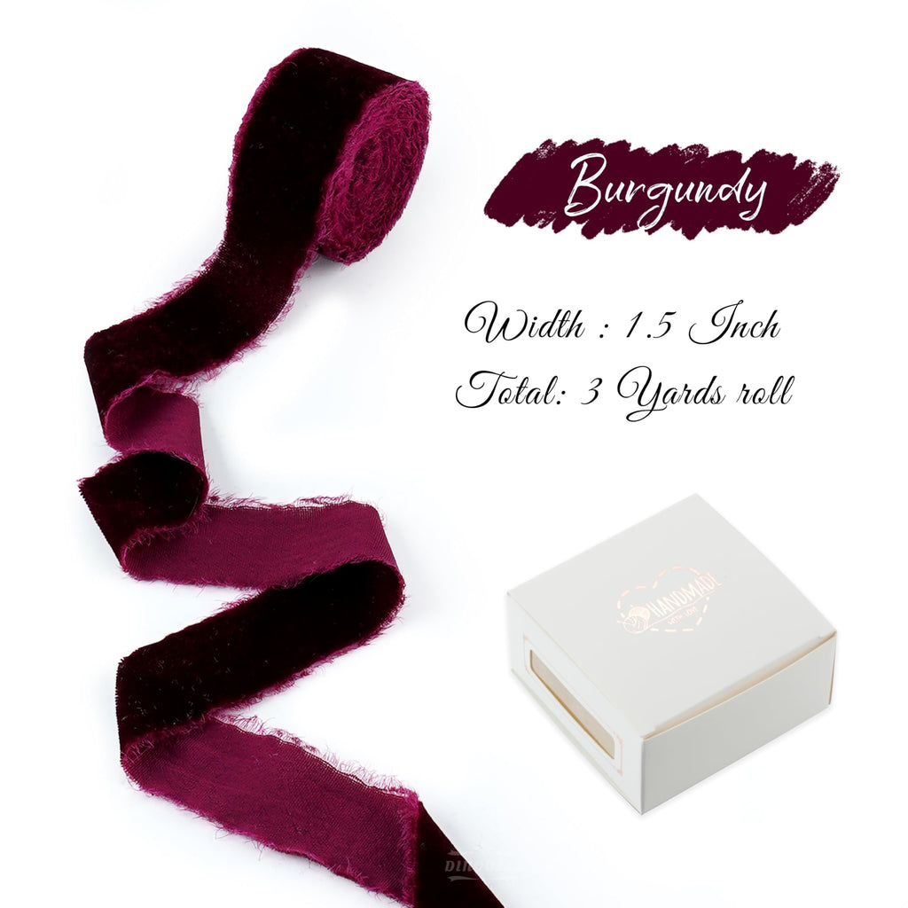 DINDOSAL Burgundy Velvet Ribbon 1.5 Inch Maroon Frayed Silk Velvet Ribbon Rustic Burgundy Christmas Velvet Ribbon Gift Ribbon Raw Edge Boho Ribbon Wedding Invitation Bridal Bouquet Ribbon -3yards