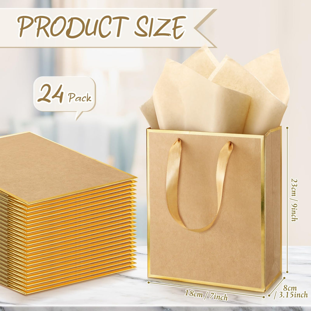 Yeaqee 24 Pack Metallic Paper Gift Bags with Handle and Tissue 9 x 7 x 3.1 Bridesmaid Welcome Gift Bag Thank You Bags for Party Favors for Women Men Fall Party Bridal Shower(Kraft, Gold)