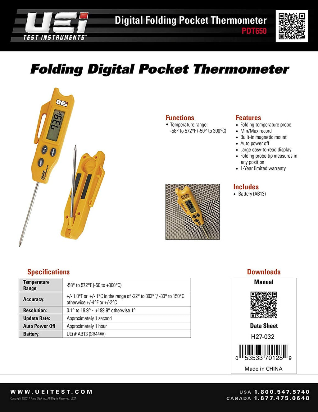 UEi Test Instruments PDT650 Folding Pocket Digital Thermometer,Yellow (2)