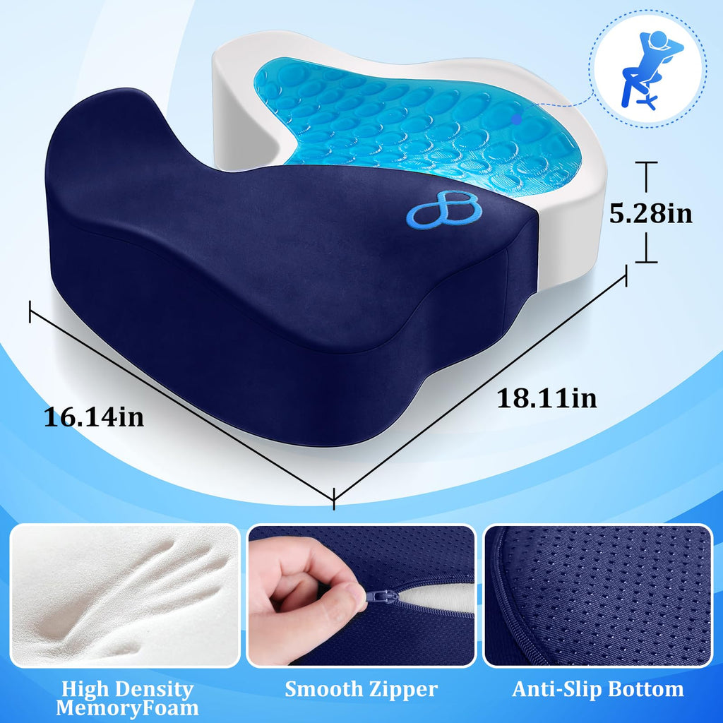 CushyOasis Seat Cushion, Chair Cushions, Office Chair Cushions, Anti-Slip Bottom & Removable Cover Tailbone Pain Relief Cushion, Memory Foam Seat Cushion, 5.28 in Thick (Blue)