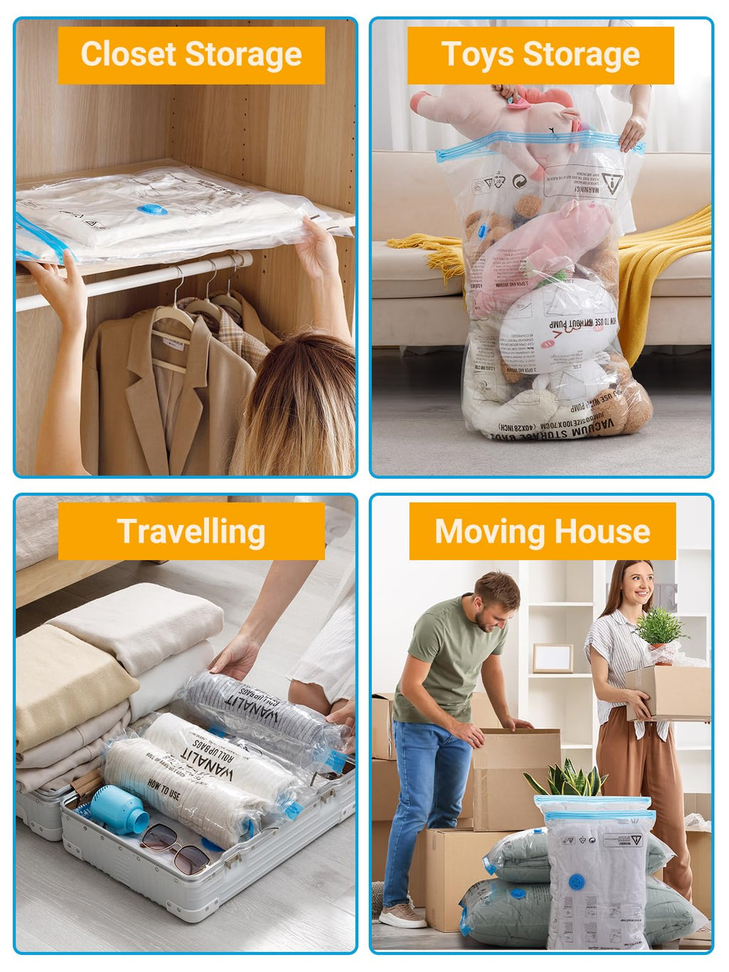 Vacuum Storage Bags with Electric Air Pump, New Air Valve 15 Pack (3 Jumbo, 3 Large, 3 Medium, 3 Small, 3 Roll Up Bags) Space Saver Bag, Vacuum Sealer Bags for Clothes, Pillows, Comforters, Travel