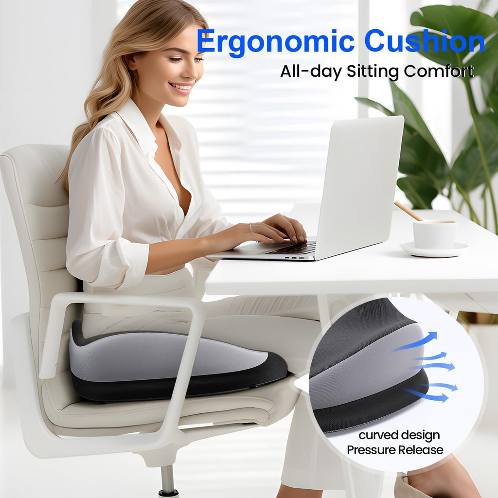 Benazcap Large Seat Cushion for Office Chair Memory Foam Coccyx Pain Relief Cushion Pillow for Back Support Non-Slip Seat Pad for Office Desk, Car Seat, Wheelchair, Sciatica-Black&Grey