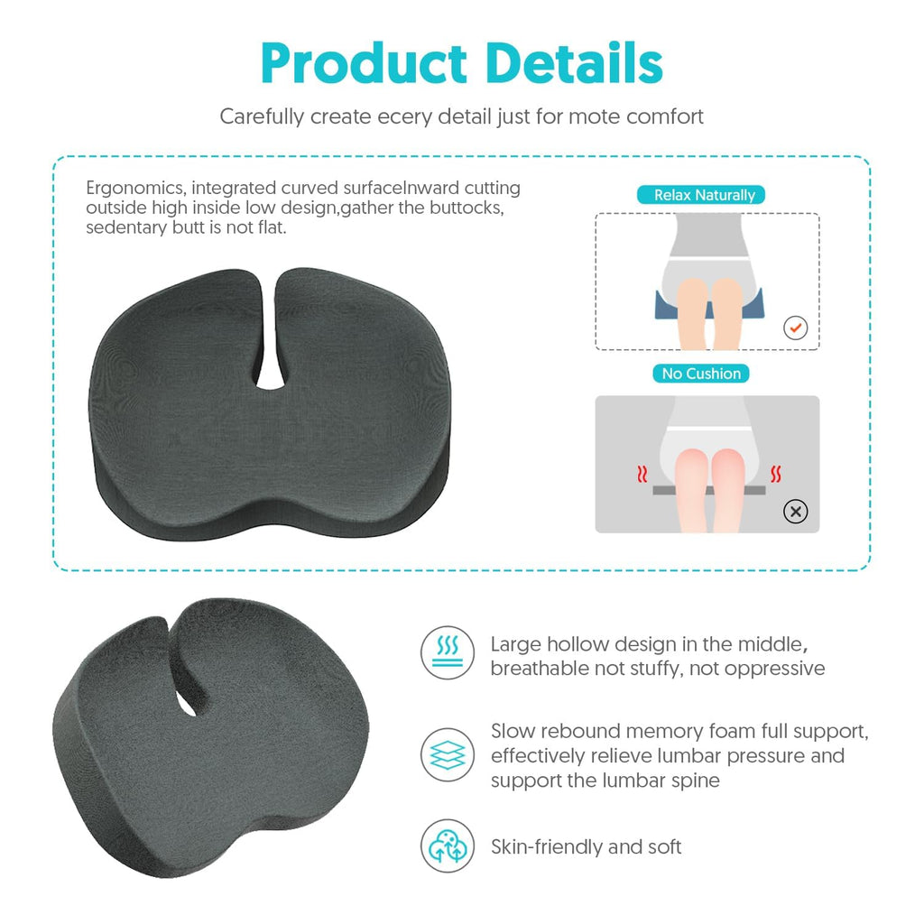 Seat Cushion for Office Chairs - Tailbone & Sciatica & Hip & Coccyx & Low Back Pain Relief Pillow - Memory Foam Pressure Relief Cushion for Long Sitting for Gaming, Compute, Desk Chair, Car Seat