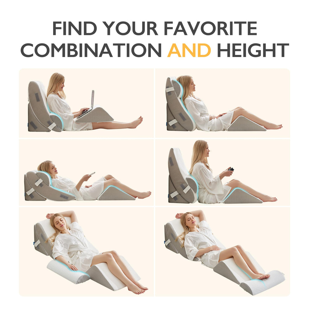 BDEUS 4-PCS Orthopedic Bed Wedge Pillow Set for Post-Surgery Recovery & Pain Relief - Adjustable Foam Support Pillows for Back, Leg, Neck & Shoulder Pain. Triangle Body Wedges for Sleeping, Sitting Up