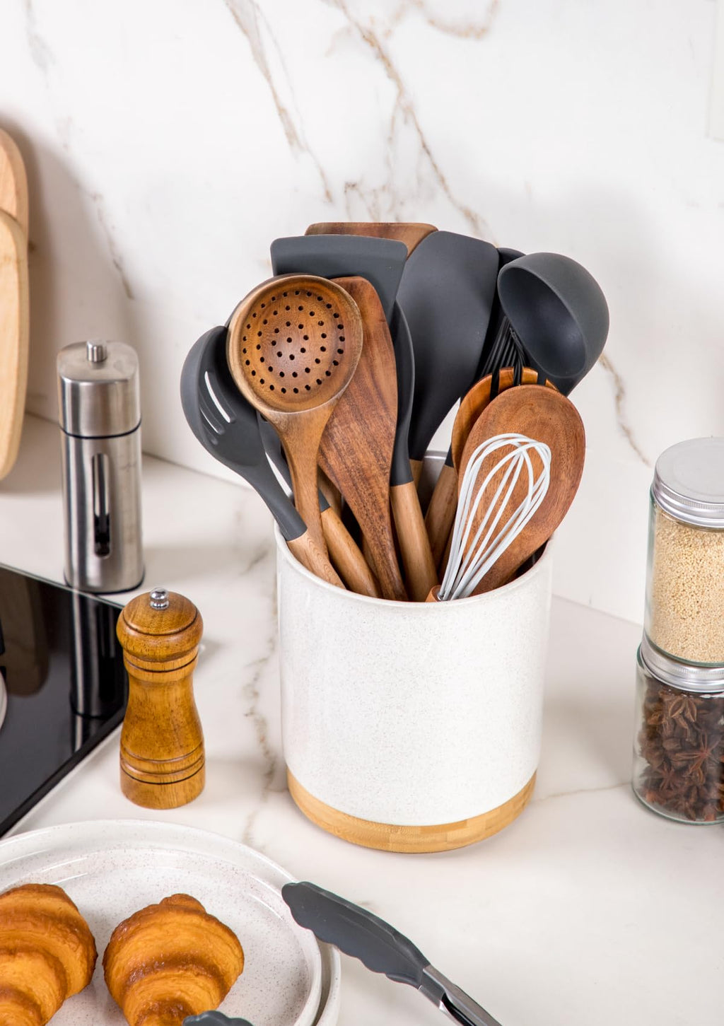 Nucookery 360°Rotating Utensil Holder, 7.2" Large Utensil Crock, Ceramic Cooking Utensil Organizer with Countertop-Protection Cork Bottom for Farmhouse Kitchen Decor Christmas Thanksgiving Gift (Sand)