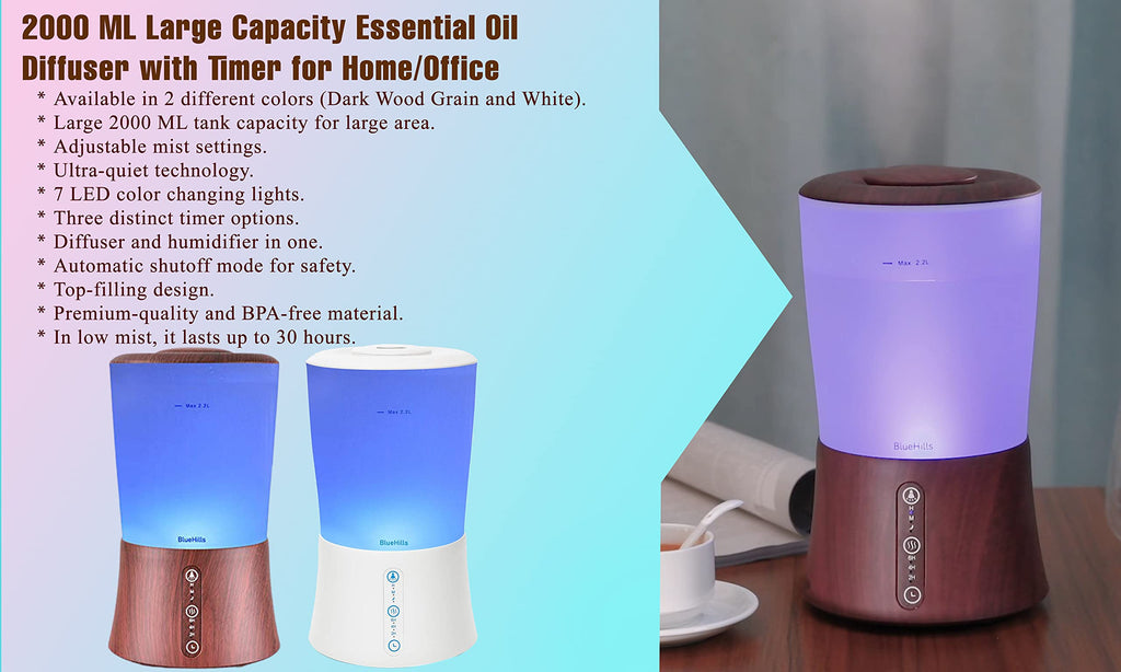 BlueHills Large 2000 ML XL Essential Oil Diffuser Aroma Humidifier 2 Liter Capacity for Big Living Room Home Baby Long Run XL Huge Coverage Area High Mist Timer Dark Wood Grain 2L S3