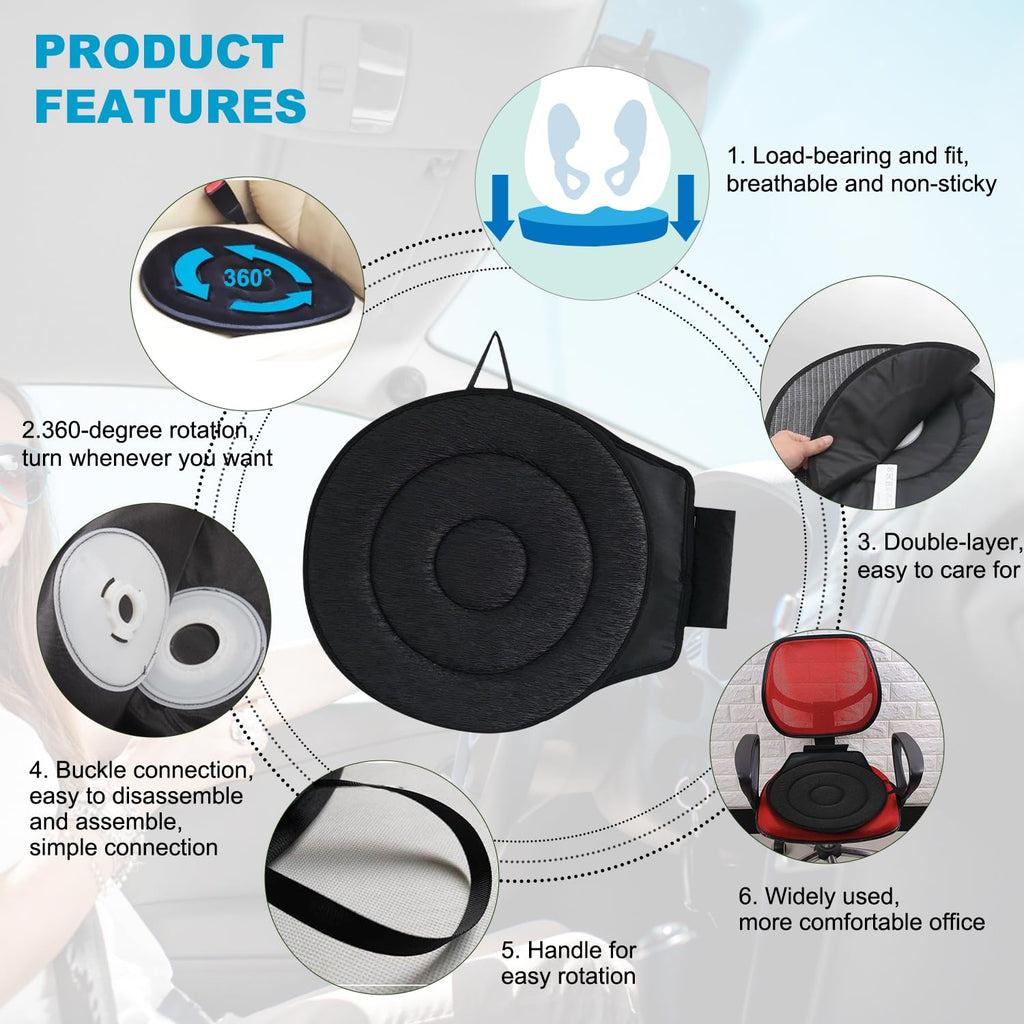 KLIFE 360 Rotating Seat Cushion for Car, Swivel Seat Cushion for Car for Elderly, 360 Degrees Swivel Car Seat for Elderly Support, Non Slip, Memory Foam, Ergonomic Design (Black)