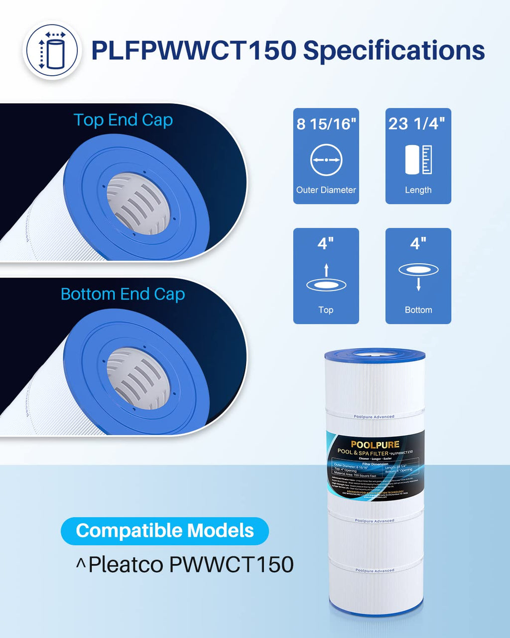 POOLPURE PLFPWWCT150 Pool Filter Replaces PWWCT150, Ultral-B3, Clearwater II ProClean 150, 817-0150N, Unicel 8414, Filbur FC-1287, SD-00210, 150 Sq.ft Filter Cartridge (1 Pack)