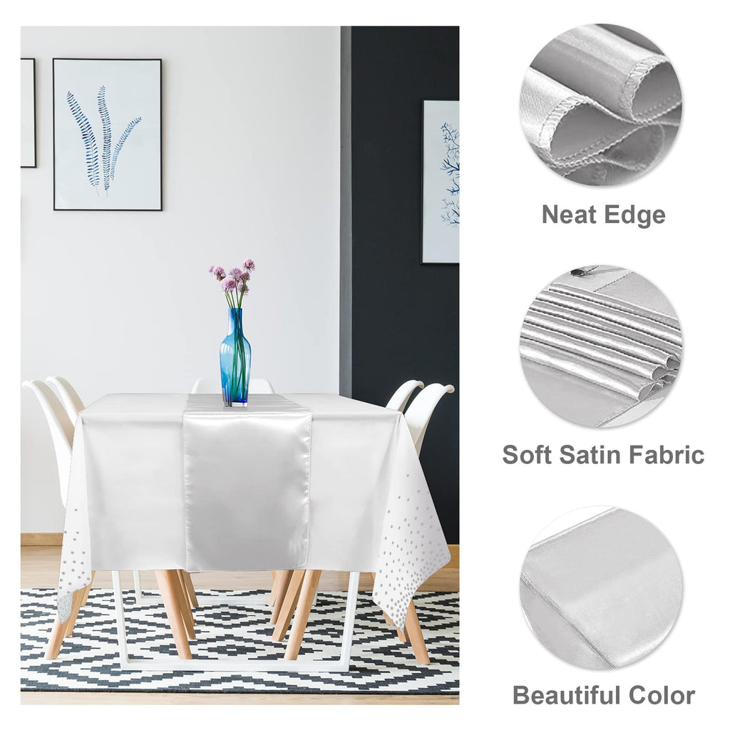 MASHAN 16Pack Disposable Plastic Tablecloths and Satin Table Runner Set White and Silver Dot Tablecloth Silver Satin Table Runner for Wedding Birthday Baby Shower Christmas New Year Party Decorations