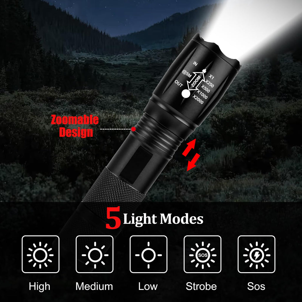 Zoomable LED Flashlights with 5 Modes 2Pack Christmas Stocking Stuffers Birthday Gifts for Men Him Dad Included Batteries Bright Tactical Torch High Lumens Outdoor Fishing Hiking Camping Essentials