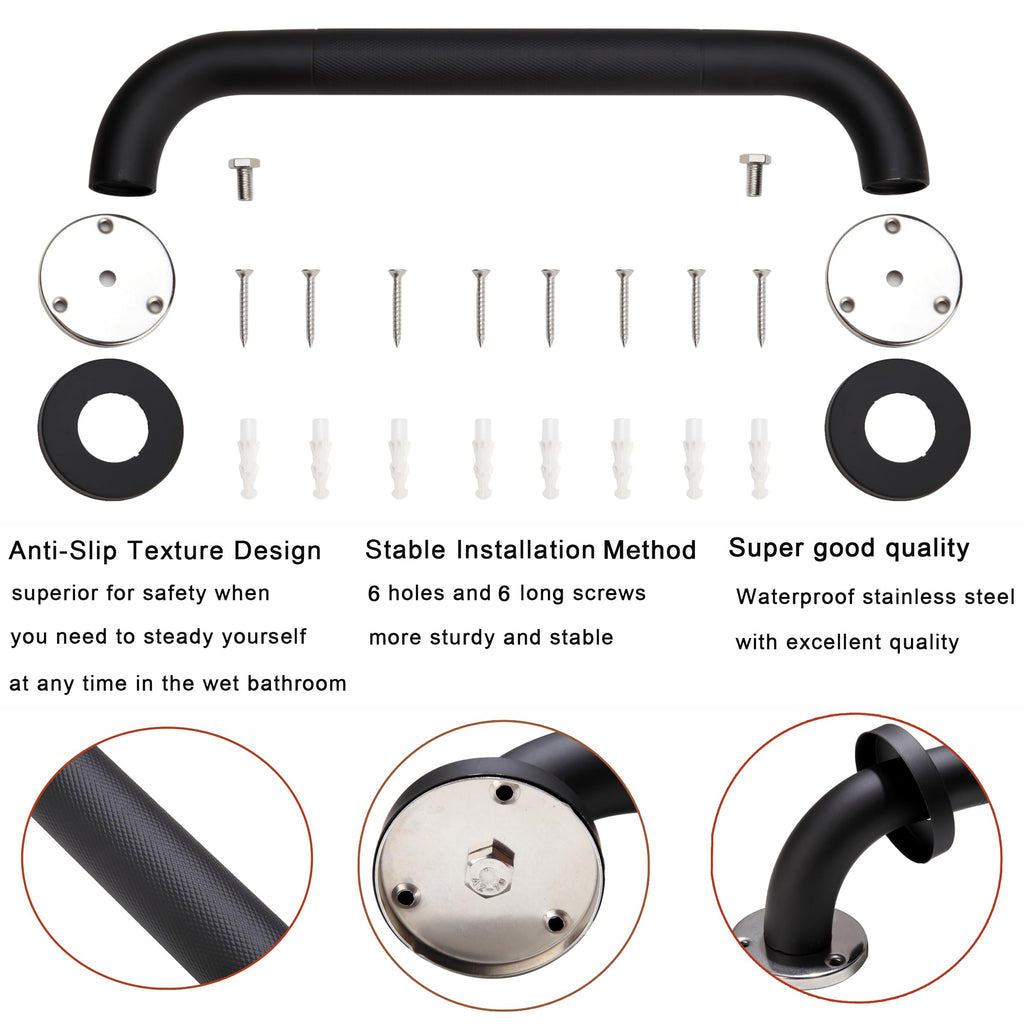 Rackickyer Shower Grab Bar, 2 Pack 12 Inch Black Bathroom Grab Bar, 1.25" Diameter 304 Stainless Steel Anti-Slip Grab Bars for Bathtubs and Showers, Handicap Shower Grab Bar for Seniors Elderly