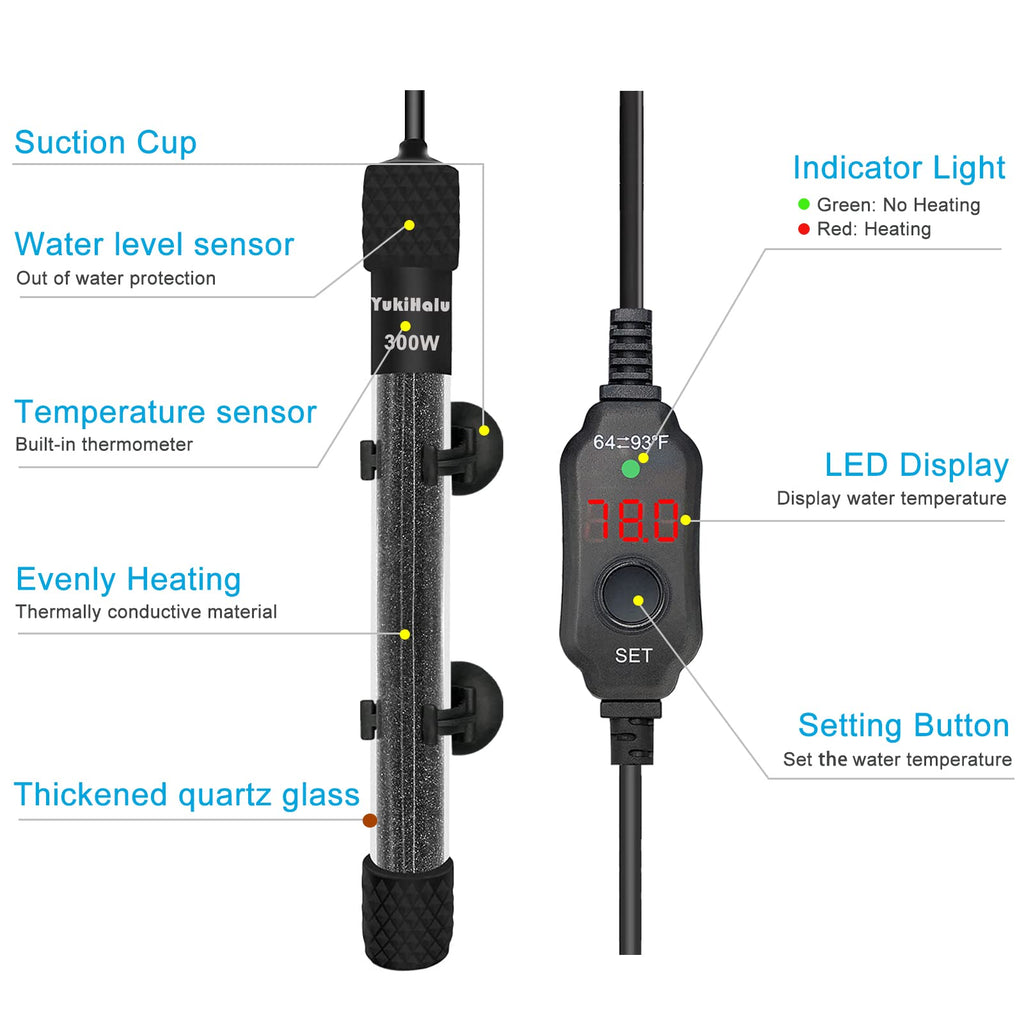 YukiHalu Small Submersible Aquarium Heater, Adjustable Mini Fish Tank Heater 25W 50W 100W 200W 300W with External Temperature Controller, LED Display, Used for 5/10/20/40/60 Gallons (300 Watts)