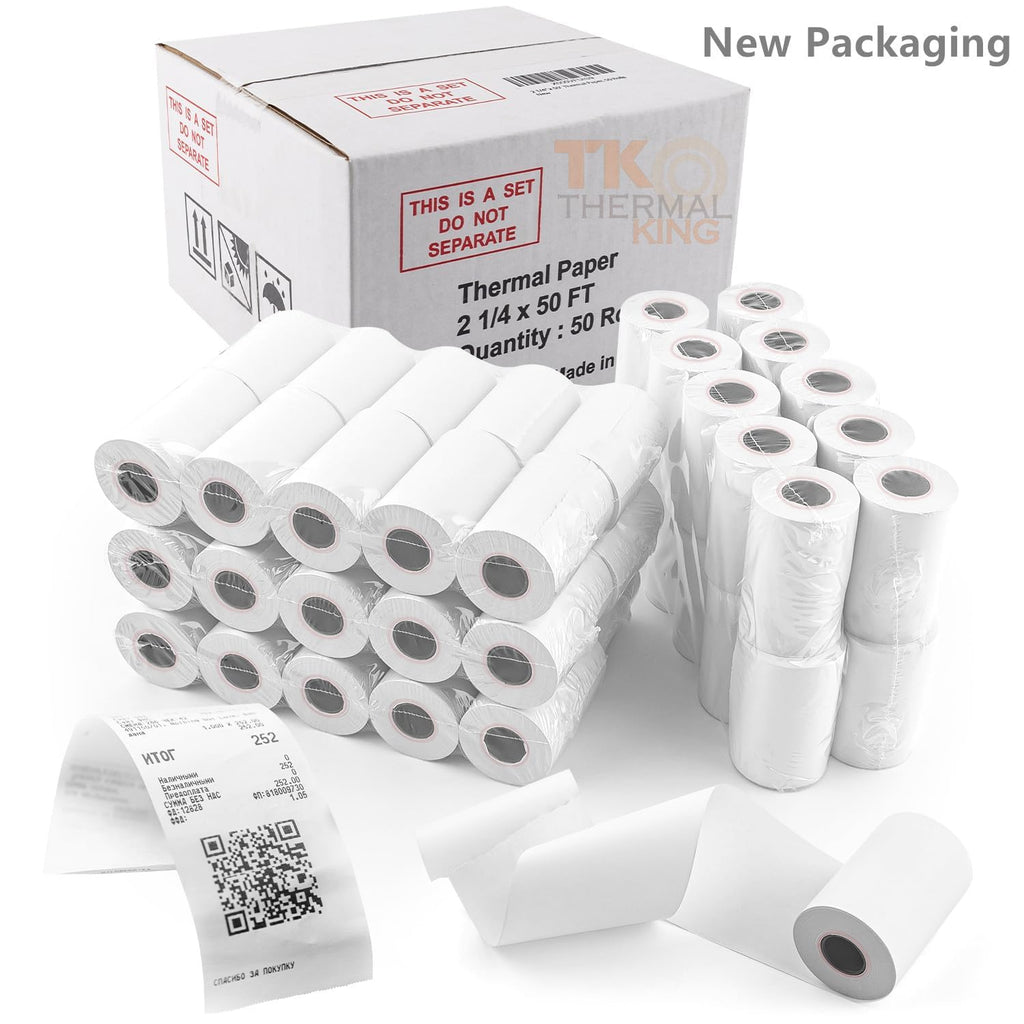 TK Thermal King, (50 Rolls) 2 1/4" x 50' feet Thermal Paper, POS Cash Register Receipt Rolls, Fits All Credit Card Terminal, Premium Quality, White