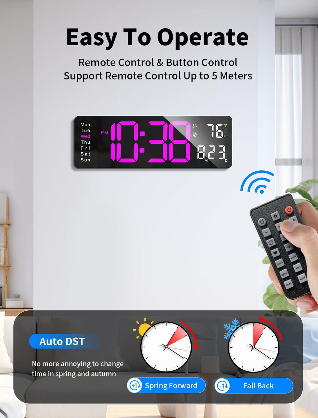 MASHI Digital Wall Clock, 17.3" Large Display Digital Clock with Remote Control, Auto-Dimming Wall Clock with Night Light, DST, Date Week,Temp for Living Room, Bedroom, Decor, Gift for Elderly